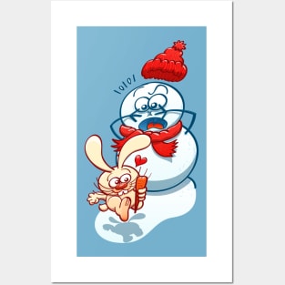 Naughty bunny stealing the carrot nose of a Christmas snowman Posters and Art